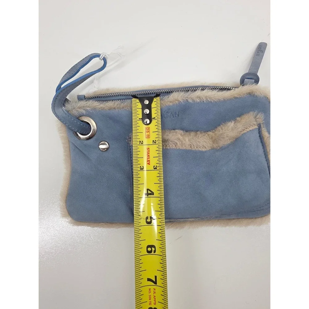 Hogan Blue Suede Shearling Trim Wristlet Clutch Bag Made in Italy